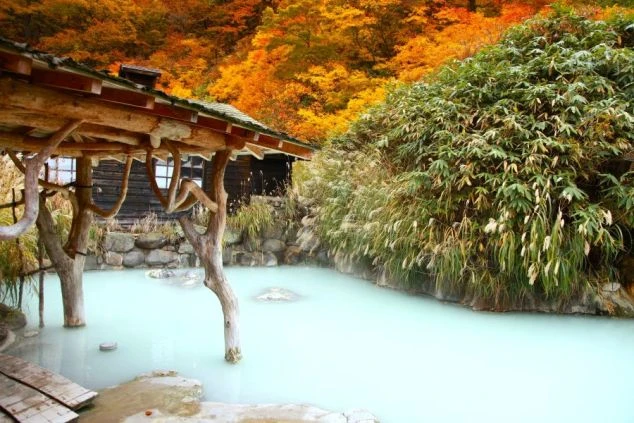 雪が降る露天風呂で湯浴みを楽しむ2人の女性。浴衣を着て上を見上げる姿が、冬の温泉リゾートの情緒を伝える。冬のリゾートバイトや温泉旅館の魅力をアピールする画像。