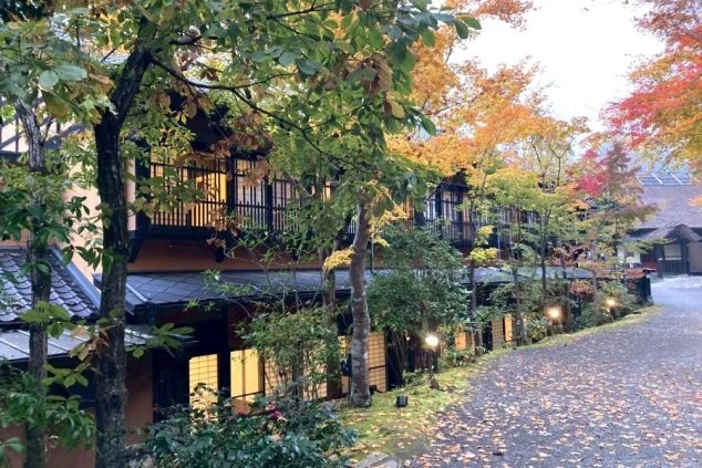 ワクトリの社員が撮影した温泉旅館「山みず木」の外観。趣のある木造建築の客室から温かい明かりが漏れ、地面には落ち葉が広がる風情ある景色。静かな山あいの温泉地で働く情緒的な雰囲気を表現。