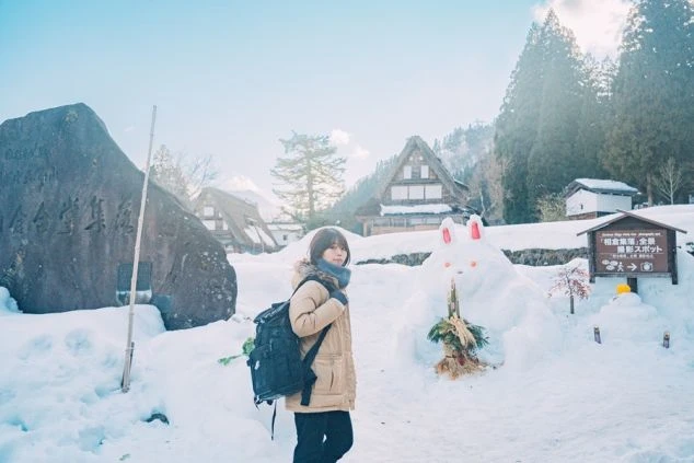 合掌造り風の屋根が特徴的な、風情ある岐阜県白川郷エリアの温泉旅館の玄関アプローチの画像。