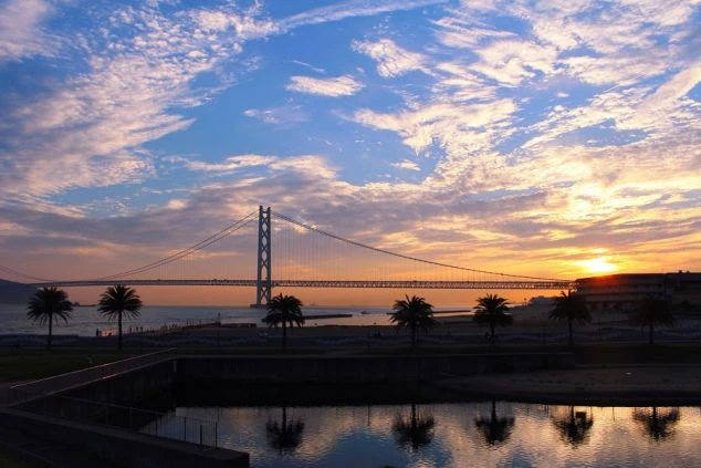 兵庫県淡路島にある明石海峡大橋の夕景の画像。ヤシの木が並ぶ公園の奥に、夕焼けに染まる空と明石海峡大橋が写っている。水面に空の色が反射して美しい、リゾート地の風景の画像。