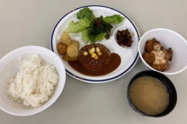 トレイに載ったバ食事。ハンバーグ、揚げ物、サラダ、白米、味噌汁が並び、彩り豊かでボリュームがある。