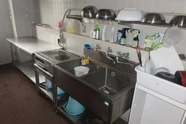 共用の調理スペース。ステンレス製の大きな2槽シンクとIHクッキングヒーターがあり、棚にはボウルやザルなどの調理器具が整理されている。