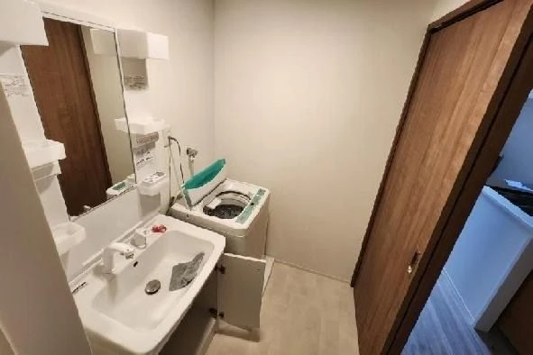 洗面台と洗濯機が置かれた、白い壁と木目調の扉があるシンプルな洗面所。