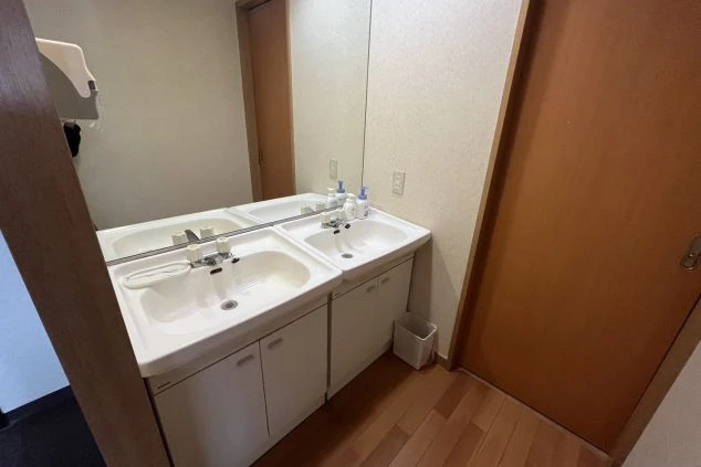 二つの洗面台と大きな鏡がある、清潔な洗面所。