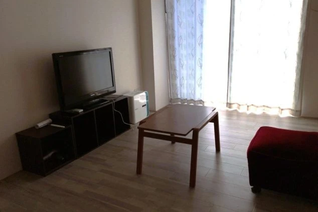 リゾートバイトの1LDK寮のリビングスペース。テレビ、ローテーブル、ソファが配置され、広々とした空間でくつろげる設備の寮画像。