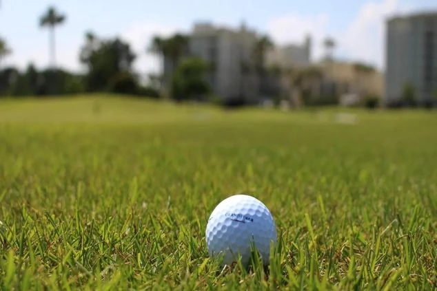 芝生の上に置かれたゴルフボールのクローズアップ写真。背景はぼかされており、遠くにリゾートマンションのような建物が見える。