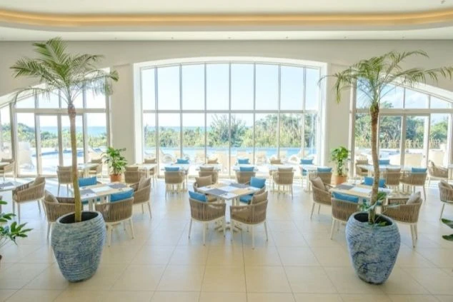 大きな窓から明るい光が差し込む、リゾートホテルのレストランまたはラウンジ。窓の外には海が見え、室内にはヤシの木、ラタン風の椅子とテーブルが置かれている。