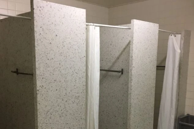 プライバシーに配慮された、仕切りとカーテンのあるシャワールームの画像。