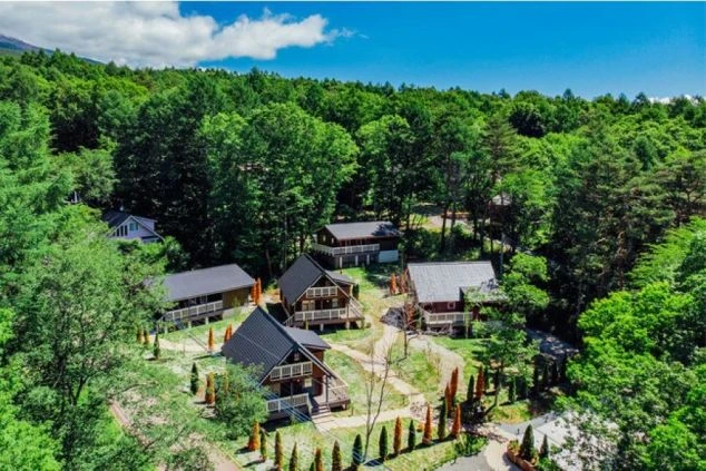 八ヶ岳にあるホテルのコテージ群の画像。緑豊かな森の中に複数のコテージが点在し、自然に囲まれた滞在環境。リゾートバイトの職場となる施設の雰囲気。
