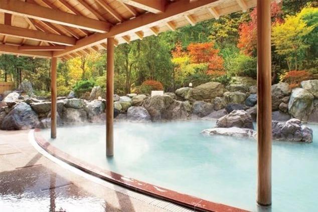 湯気が立ち上る露天風呂。浴槽の周りには岩や紅葉した木々が見え、屋根付きの休憩スペースがある。