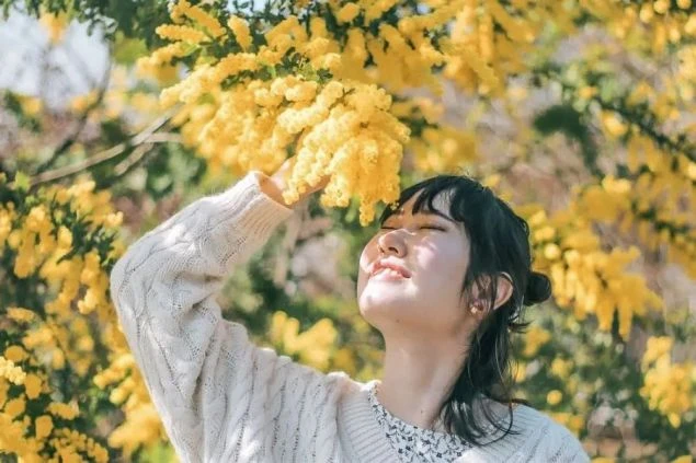 満開のミモザの花に顔を寄せ、笑顔を見せる女性。リゾートバイトで、花や自然に囲まれたホテルやテーマパークでの仕事と、休日の観光を満喫。