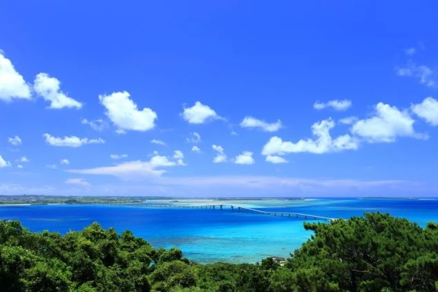 豊かな緑の木々の向こうに広がる、鮮やかなターコイズブルーの海と、その上を長く伸びる橋。空は青く、白い雲が点在する、沖縄などの南国らしい風景。