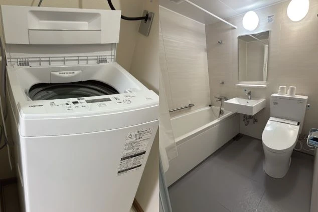 左側に洗濯機、右側にトイレ、洗面台、浴槽がある部屋。