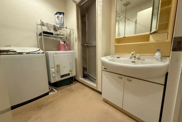 リゾートバイト寮にある洗面台・洗濯機の画像。