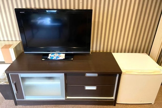 テレビ台の上に置かれたテレビと、隣の小さな冷蔵庫の画像。