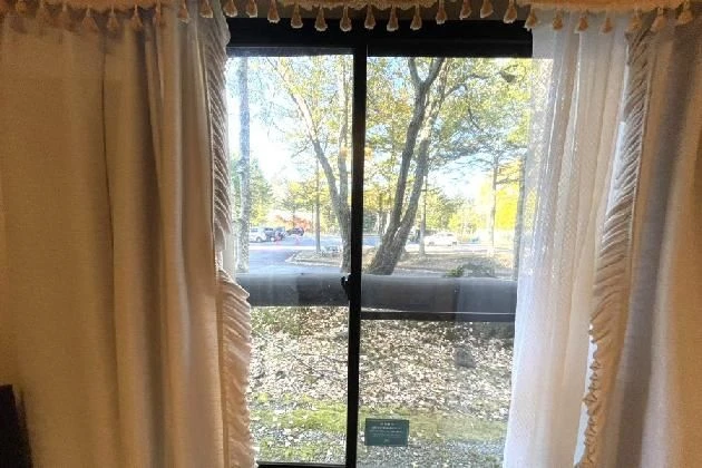 客室の窓からの眺め。白いレースのカーテン越しに、駐車場と秋の色づき始めた木々が見える。