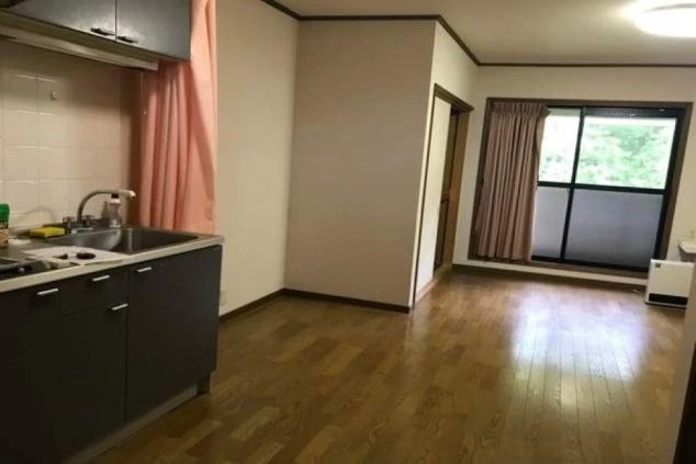 リゾートバイトの個室寮の部屋の画像。キレイで広々としている。十分な広さのあるキッチンが左に見える。