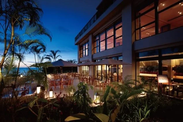 パームツリーや植栽に囲まれ、テーブルと椅子が多数並べられたテラスが温かい光でライトアップされている。大きな窓の向こうには建物の内部が見え、テラスの奥には海がぼんやりと見える。