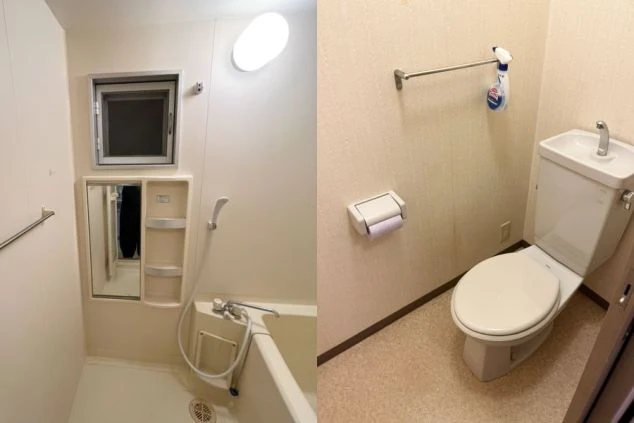 リゾートバイトの寮に完備された、清潔な浴室とトイレ。プライベートな空間で、快適に身支度や入浴ができる。