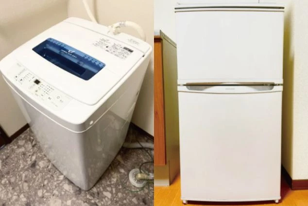 リゾートバイトの寮に備え付けられた洗濯機と冷蔵庫。