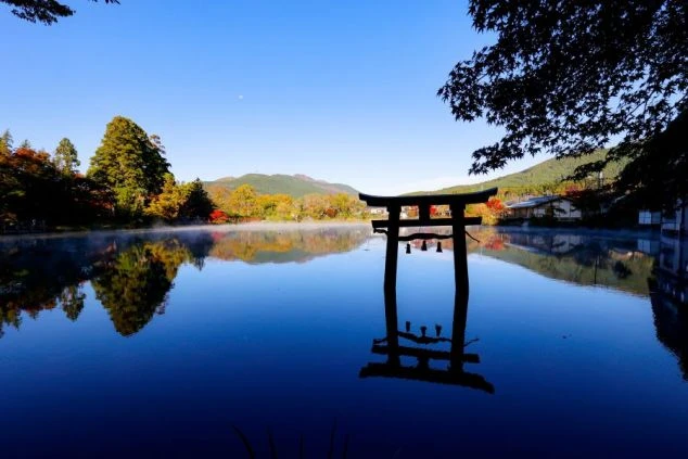 大分県由布院の金鱗湖の鳥居の画像。水面に鳥居が反射して幻想的。