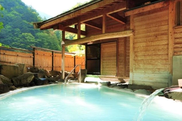 長野県白骨温泉の温泉の画像。露天風呂で乳白色の温泉。