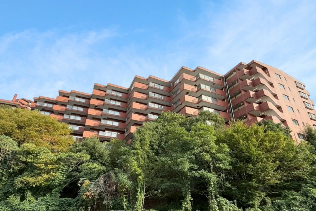 木々の向こうにそびえる、段々状のデザインが特徴的なホテル建物