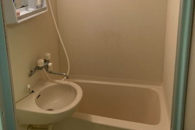シャワーと浴槽が一体となったユニットバス。洗面台も備わっている。