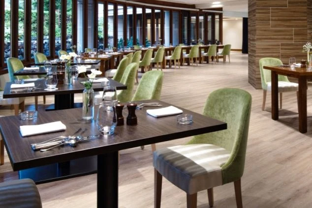 おしゃれなレストランのダイニングの画像。緑色の椅子と木目調のテーブルが並び、窓からは自然の光が差し込んでいる。リゾートバイトの仕事内容を表す、ホテルのダイニングの画像。