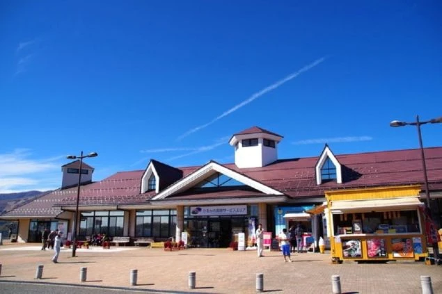 高速道路のサービスエリアで休憩する人々。地元の特産品が買える売店やレストランがあり、ドライブの途中に立ち寄るのに便利な場所です。