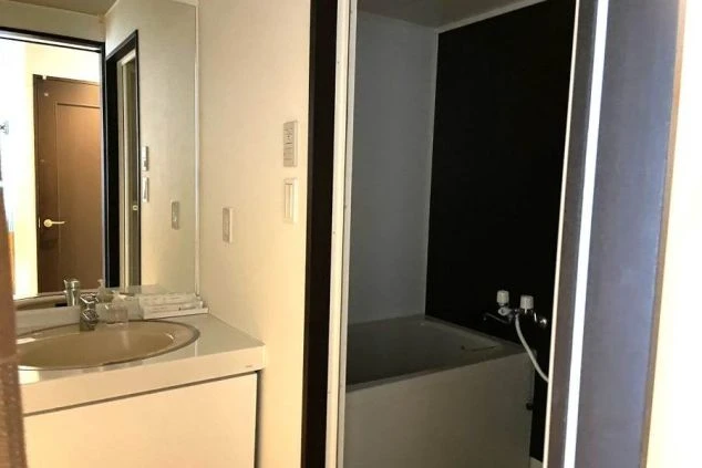 部屋から見える洗面所とユニットバス。洗面所には鏡と洗面台があり、ユニットバスには浴槽と黒い壁がある。