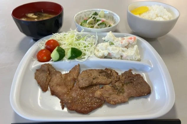 豚の生姜焼き、ポテトサラダ、生野菜、ご飯、味噌汁、副菜の定食。