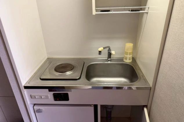 部屋の入り口。ドアの横には小さな収納棚があり、その上にはスプレー缶が置かれている。