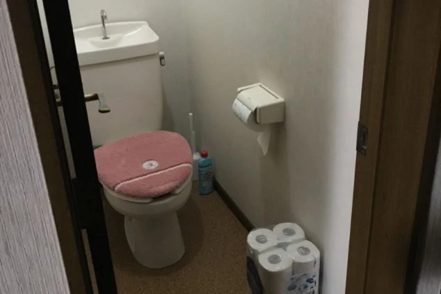 リゾートバイトの寮にあるトイレ。温水洗浄便座と手洗い場が一体となった、清潔な設備の画像。