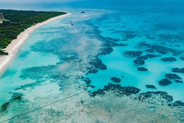 石垣島を上空から見た画像。エメラルドグリーンからコバルトブルーへと色が変わる美しいグラデーションの海が広がり、白い砂浜と緑豊かな陸地が続く。石垣島の絶景と豊かな自然を伝える。