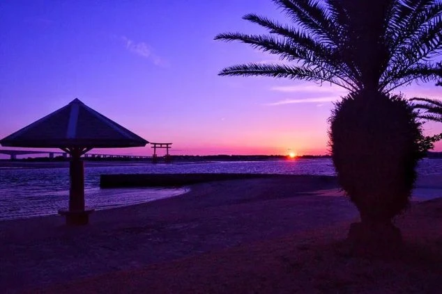 浜名湖に沈む夕日を背景に、弁天島の朱色の鳥居と水辺に立つ女性のシルエット。夕焼けが美しい浜松の絶景。