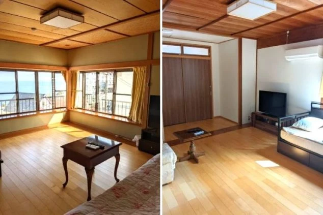 シェアタイプの寮にある、オーシャンビューの洋室。エアコンやテレビ、ベッドも完備された快適な個室です。