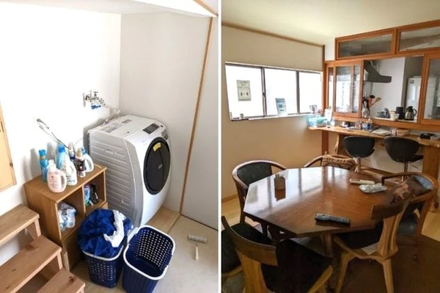 シェアタイプの寮にある、共同のランドリーとリビング。洗濯機はもちろん、仲間と食事ができるテーブルもあります。