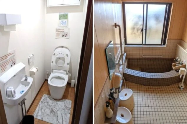 シェアタイプの寮のトイレとお風呂。トイレはウォシュレット付きで清潔。お風呂は、足を伸ばして寛げる浴槽です。