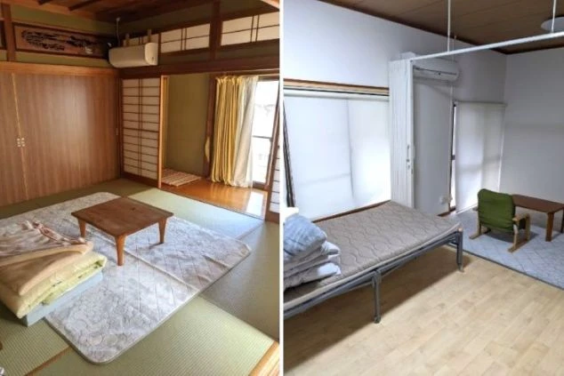 シェアタイプの寮にある、和室と洋室の個室内。エアコンやテレビ、ベッドも完備された快適な個室です。