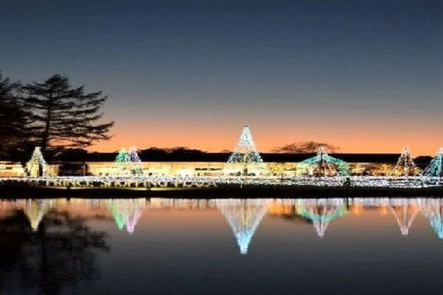 軽井沢・プリンスショッピングプラザ。夜空と水面に光が映る冬のイルミネーション。リゾートバイトの休日に楽しめる絶景のイメージ画像。