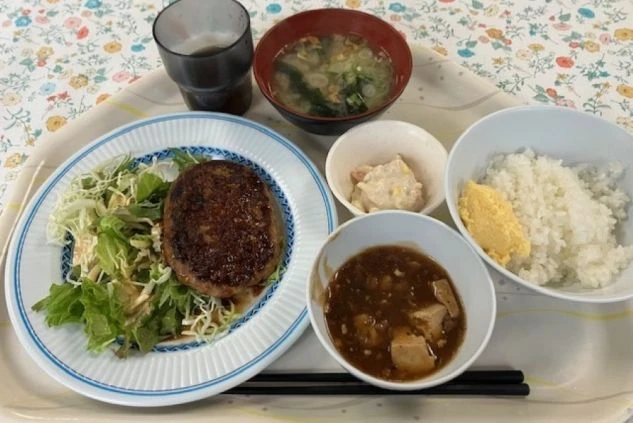メインのハンバーグ、ご飯、味噌汁、サラダ、肉豆腐、ポテトサラダが写っている。
