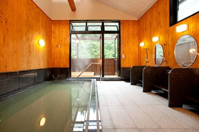 木目の壁が特徴的な温泉の室内風呂。大きな窓からは緑が見え、露天風呂への出口がある。
