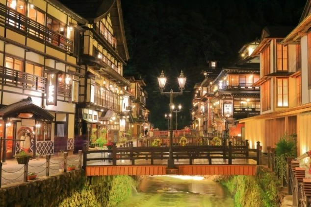 山形県の夏の銀山温泉の夜の画像。