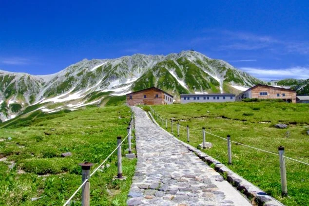 青空と残雪の山を背景に、緑の草原の中を石畳の道が真っ直ぐ続く風景。道の先には木造の低い建物が建っている。