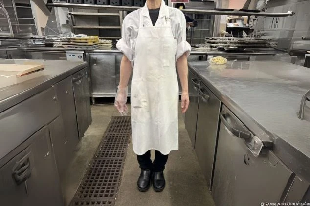 厨房で働く女性の制服。白衣に黒ズボンを着用する、動きやすい服装。