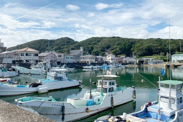 晴れた日の三重県志摩市の「浜島港」に複数の船がとまっている様子の画像