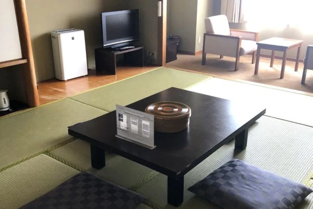 畳敷きの和室。座卓と座布団があり、奥にはテレビ、空気清浄機、広縁の椅子セットが見える。