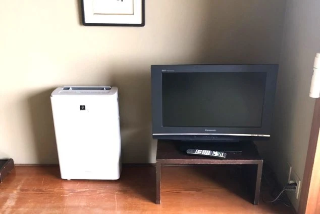 備品類。薄型テレビ、リモコン、シャープ製のプラズマクラスター空気清浄機が設置されている。
