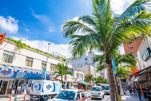 沖縄の有名観光地「国際通り」の青い空の下、ヤシの木が並ぶ国際通りの賑やかな風景。リゾートバイトで沖縄の都市部での仕事や、観光客向けのお土産店、飲食店での接客に興味がある方に魅力的な画像。